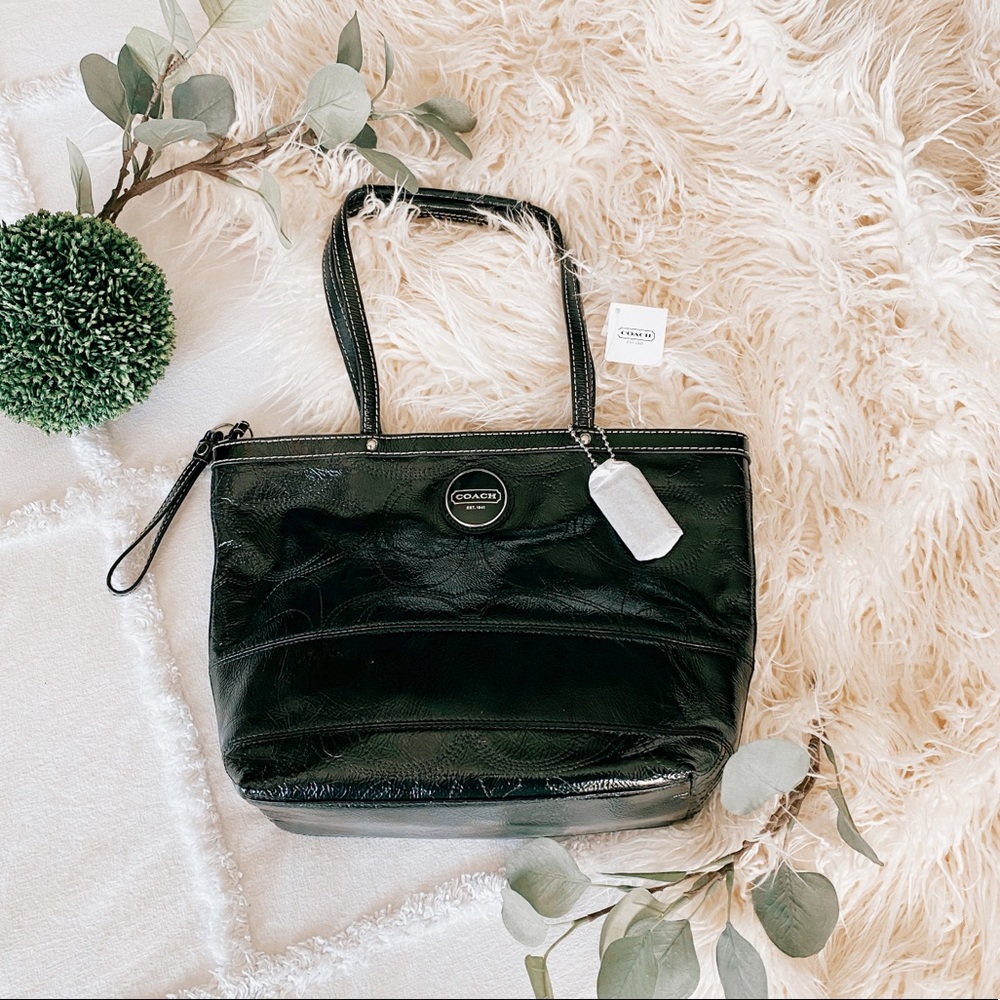 COACH Signature Patent Leather Black Tote Bag